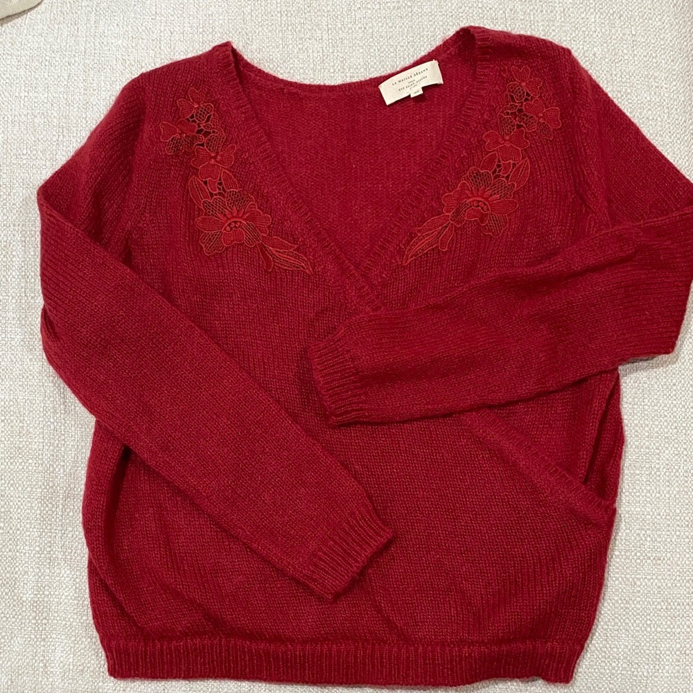 Sezane Deep Red V-Neck Sweater with Floral Details - XS